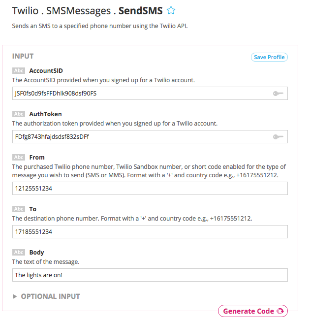 Example inputs to the Twilio Send SMS Choreo