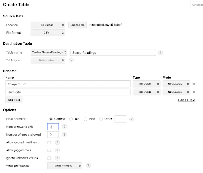 Creating a new BigQuery table with the correct settings for this tutorial