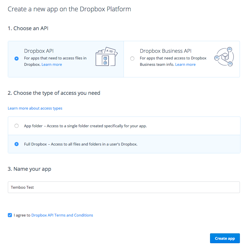 Dropbox App Console