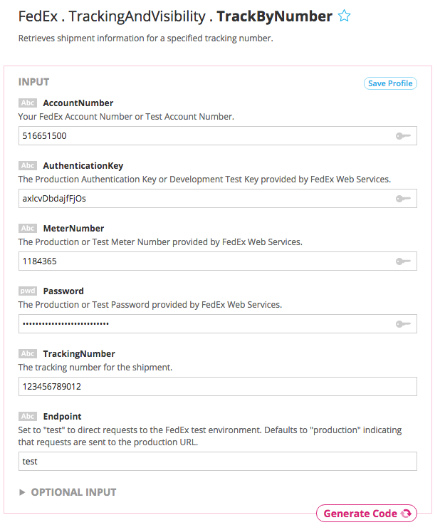 Example inputs for the FedEx TrackByNumber Choreo