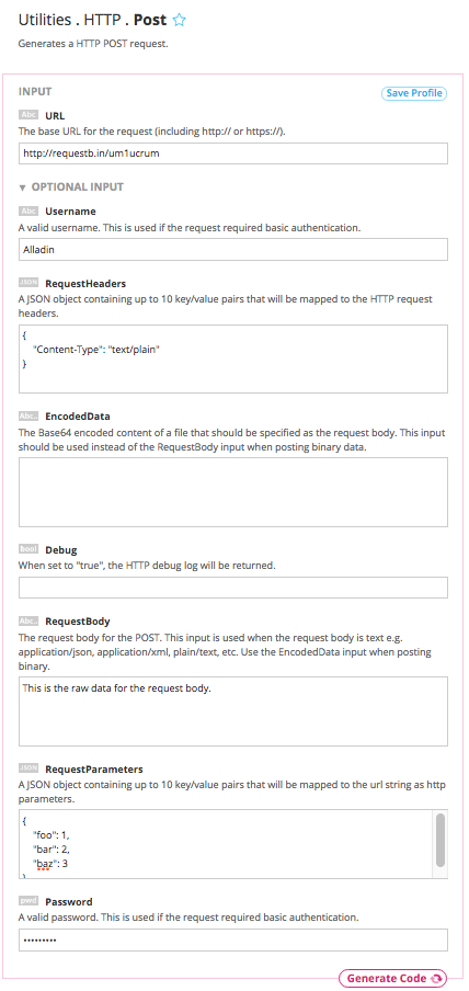 Example inputs for the HTTP POST Choreo