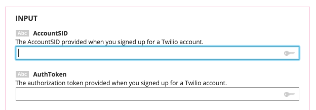 Twilio credential fields on the Choreo page
